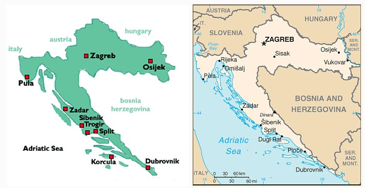 Simple map of Croatia with indication of main places and neighbouring coutries