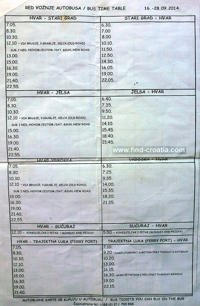 Bus Timetables for Hvar Island