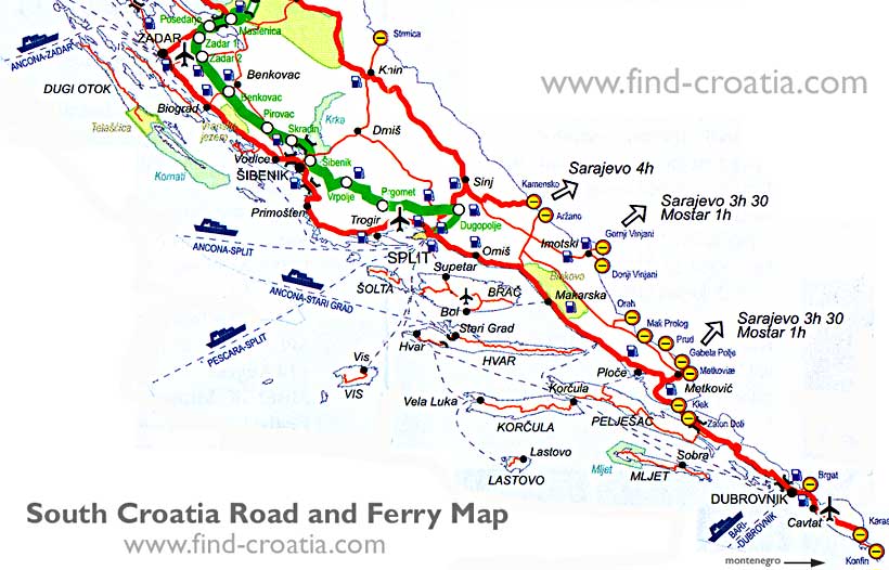 Dalmatia and South Croatia Road and Ferry Map